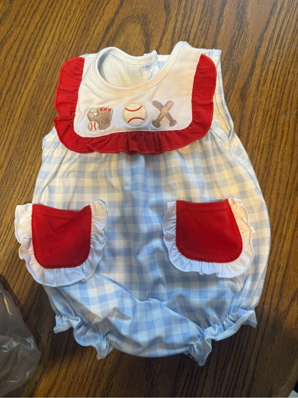 Blue Gingham Baby Romper with Red Trim and Baseball Motif